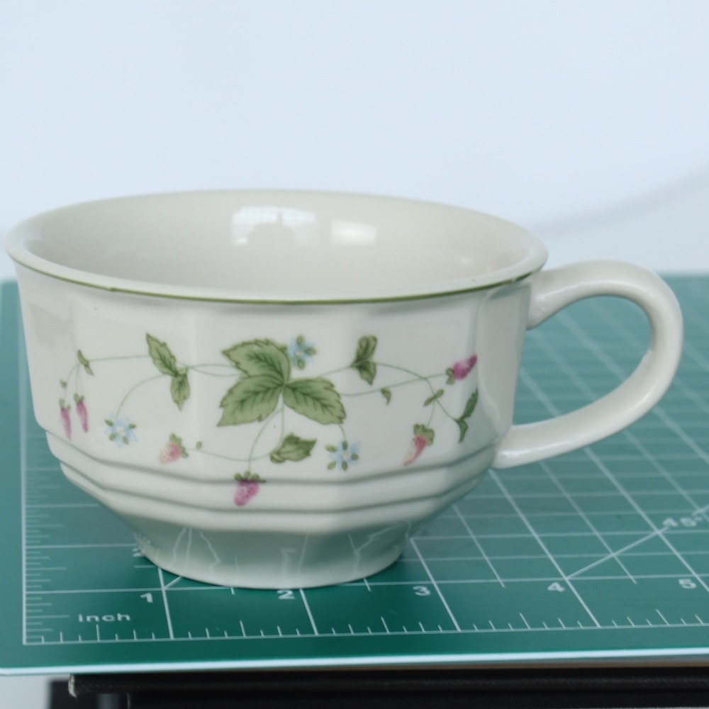 Strawberry Floral Vine Ceramic Tea Cup Paneled White Green Trim 2.5 Inch